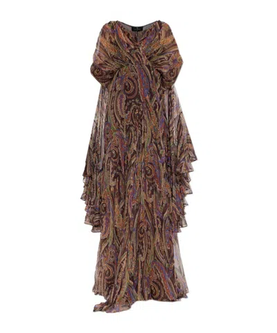 Etro Silk Long Dress With Ruffles And Paisley Motif In Brown