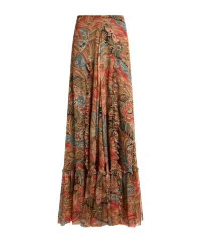 Etro Silk Maxi Skirt With Flounce And Paisley Motif In Brown