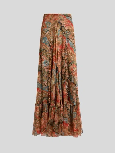 Etro , Silk Maxi Skirt With Flounce And Paisley Motif, Woman, Multicolour, Size 50