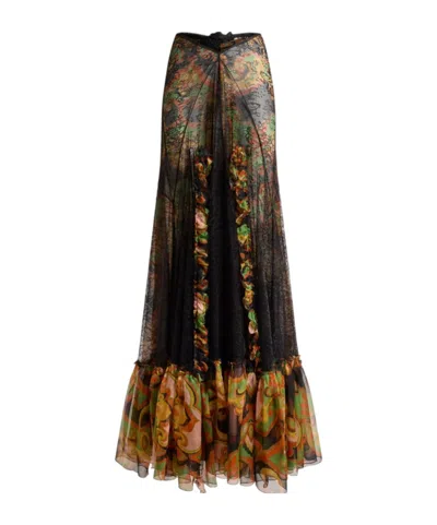 Etro Silk Maxi Skirt With Lace And Floral Motif In Multi