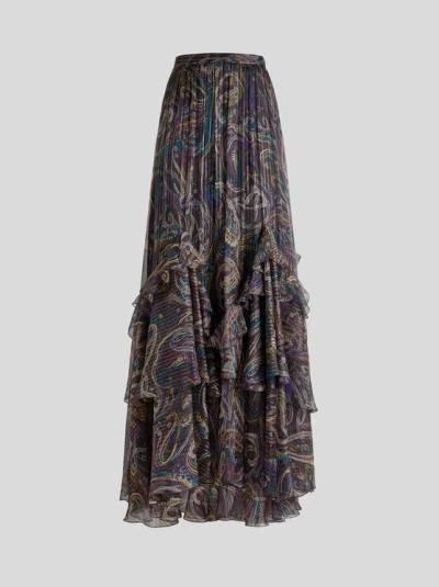 ETRO , SILK MAXI SKIRT WITH PAISLEY FOLIAGE MOTIF, WOMAN, BLACK, SIZE 44
