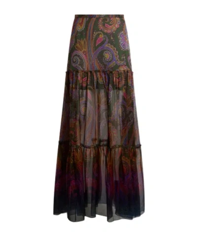 Etro Silk Maxi Skirt With Placed Paisley Print In Multi