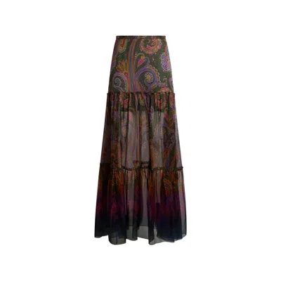 Etro Silk Maxi Skirt With Placed Paisley Print In Green