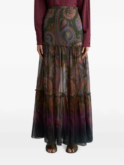 Etro Silk Maxi Skirt With Placed Paisley Print In Multi