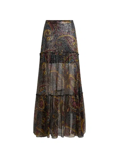 Etro Silk Maxi Skirt With Striped Floral Paisley Motif In Black
