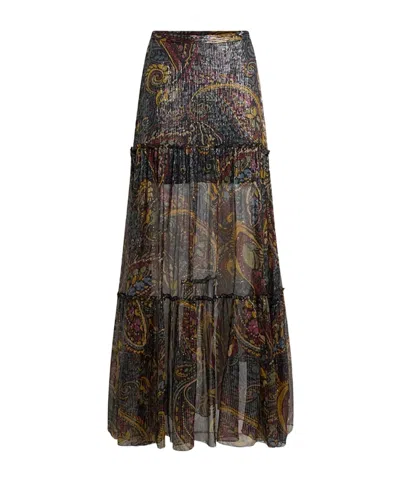 Etro Silk Maxi Skirt With Striped Floral Paisley Motif In Black
