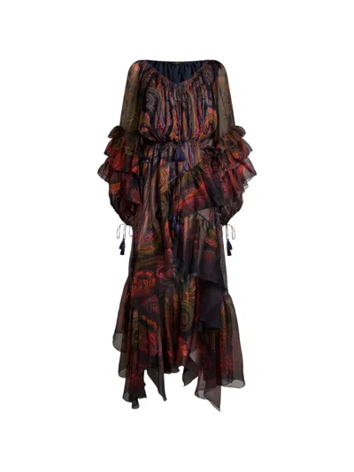 Etro Silk Midi Dress With Ruffles And Placed Paisley Print In Multi