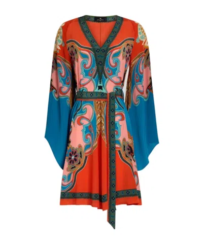 Etro Silk Mini Dress With Belt And Placed Print In Multi