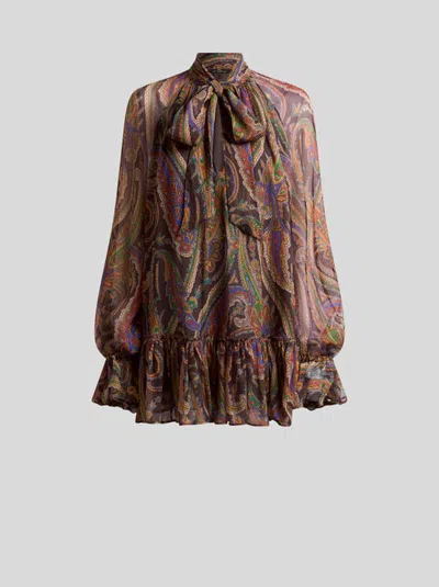 Etro , Silk Mini Dress With Ruffles And Paisley Motif, Woman, Multicolour, Size 38