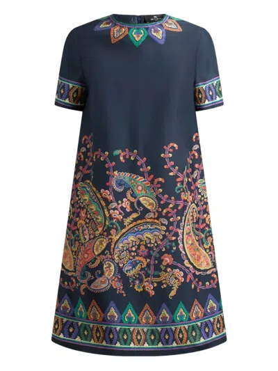 Etro Silk Mini Tunic Dress With Placed Floral Paisley Print In Blue