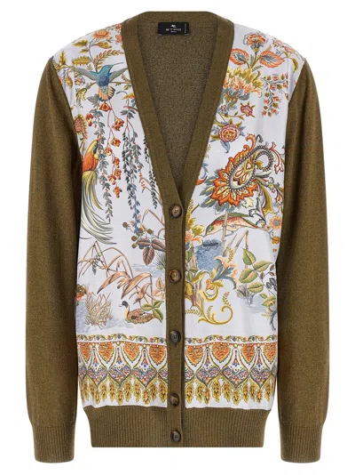 Etro Silk Paisley Insert Cardigan In Olive