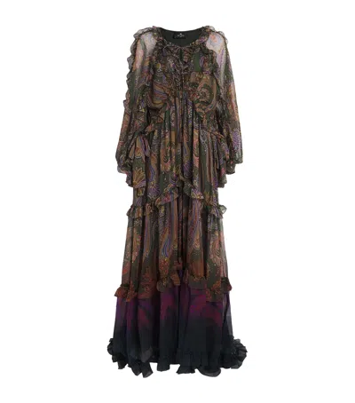 Etro Silk Paisley Ruffle Maxi Dress In Green