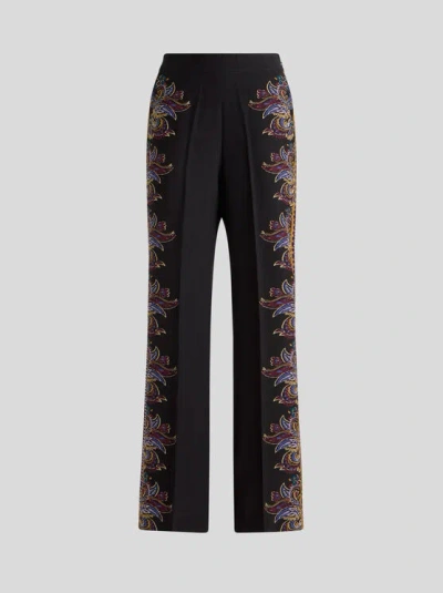 ETRO , SILK PALAZZO TROUSERS WITH PLACED PAISLEY FOLIAGE PRINT, WOMAN, BLACK, SIZE 48