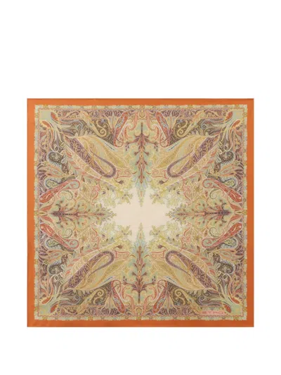 Etro Silk Pocket Square With Floral Paisley Motif In Orange