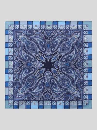 Etro , Silk Pocket Square With Paisley And Medallion Motif, Man, Blue