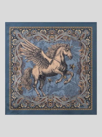 Etro , Silk Pocket Square With Placed Pegaso Print, Man, Blue