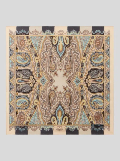 Etro , Silk Pocket Square With Symmetric Paisley Motif, Man, Cream
