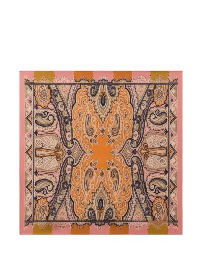 Etro Silk Pocket Square With Symmetric Paisley Motif Scarf In Brown