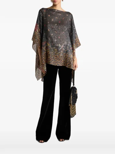 Etro Silk Poncho Top With Striped Animal And Floral Paisley Motif In Black