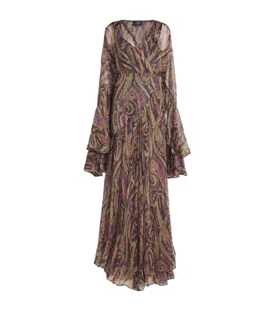 Etro Silk Printed Ruffle Maxi Dress In Brown