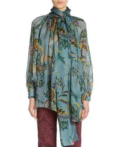 Etro Silk Printed Scarf Neck Blouse In Blue