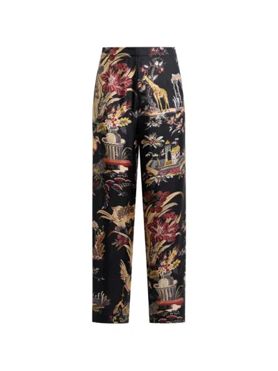 Etro Silk Pyjama-style Trousers With Flower And Animal Motif In Black