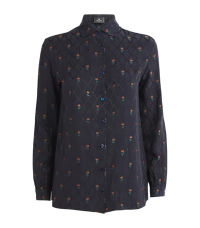 Etro Silk Rose Print Shirt In Blue