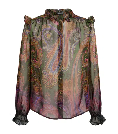 Etro Silk Ruffle Paisley Blouse In Green