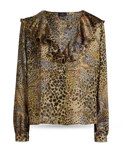 Etro Silk Ruffled Collar Flared Shirt In Green