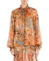 Etro Sheer Chiffon Shirt Paisley Ruffle Neckline In Metallic