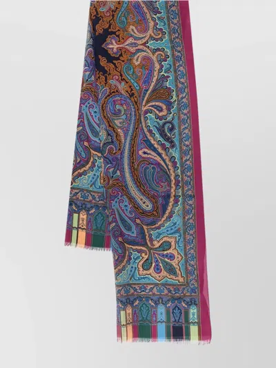 Etro Silk Scarf Rectangular Fringed Profiles In Blue