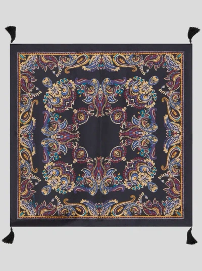 ETRO , SILK SCARF WITH TASSELS AND PAISLEY FOLIAGE MOTIF, WOMAN, BLACK