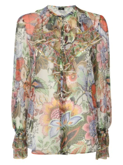 ETRO SILK SEMI-SHEER CONSTRUCTION ALL-OVER FLORAL PRINT RUFFLED BLOUSE