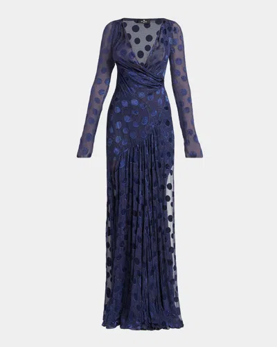 Etro Silk Semi-sheer Polka Dot Long Dress In Blue