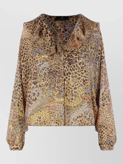 Etro Silk Shirt Long Sleeves Paisley Ruffles Animal In Brown