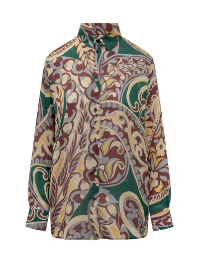 Etro Silk Shirt With Artistic Print For Fall 2025 In Green
