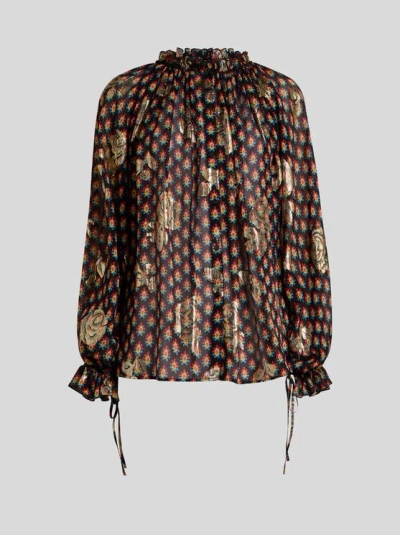 Etro , Silk Shirt With Fil Coupé Roses And Tie-inspired Motif, Woman, Black, Size 48