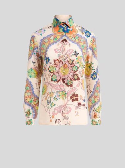 Etro , Silk Shirt With Floral Print, Woman, White, Size 44