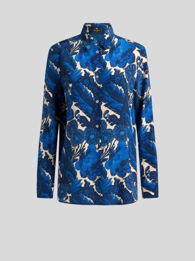 Etro Silk Shirt With Maxi Floral Print In Navy Blue