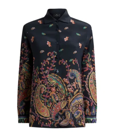 Etro Silk Shirt With Placed Floral Paisley Print In Blue