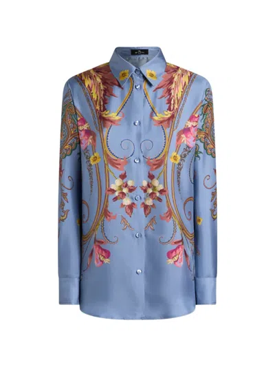 Etro Silk Shirt With Placed Floral Paisley Print In Blue