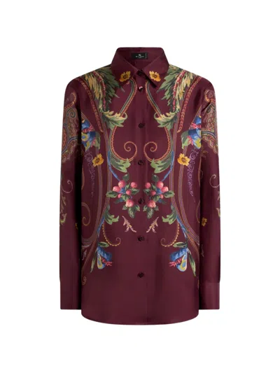 Etro Silk Shirt With Placed Floral Paisley Print In Brown