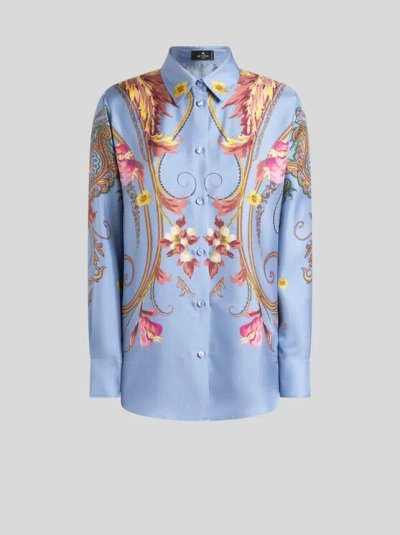 Etro , Silk Shirt With Placed Floral Paisley Print, Woman, Light Blue, Size 36
