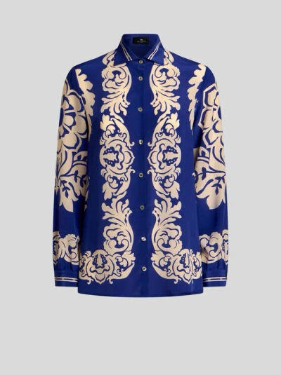 Etro Silk Shirt With Placed Floral Print In Blue