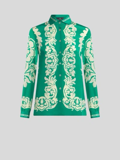 ETRO , SILK SHIRT WITH PLACED FLORAL PRINT, WOMAN, GREEN, SIZE 38