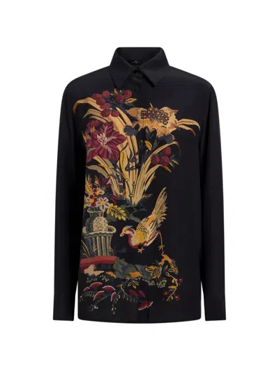 Etro Silk Shirt With Placed Front Print In Black