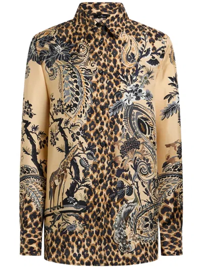 Etro Silk Shirt With Placed Leopard Print In Multi