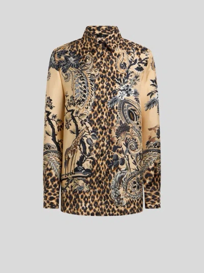 Etro , Silk Shirt With Placed Leopard Print, Woman, Beige, Size 36