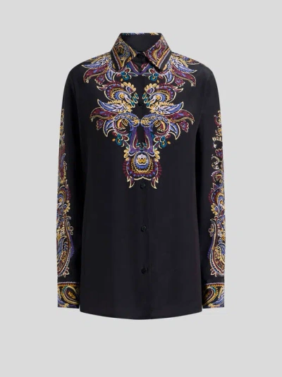 ETRO , SILK SHIRT WITH PLACED PAISLEY FOLIAGE PRINT, WOMAN, BLACK, SIZE 44