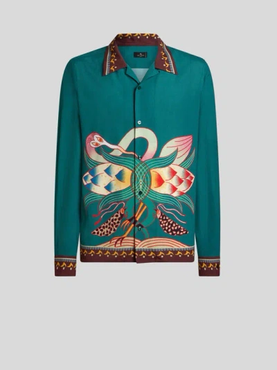 Etro , Silk Shirt With Placed Print, Man, Blue, Size 4xl In Green